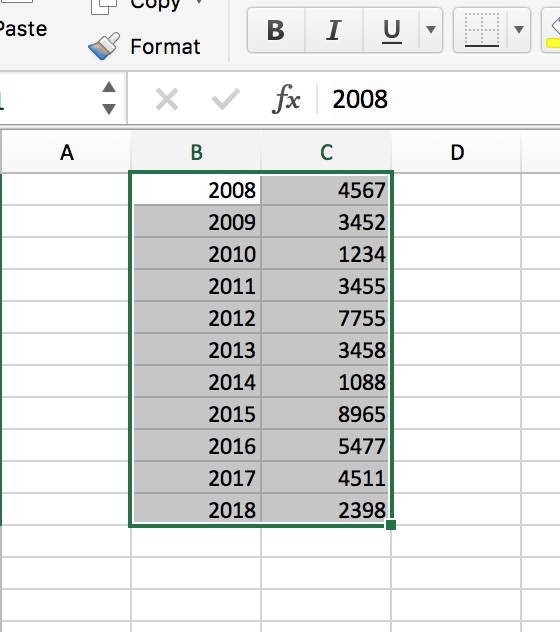 Выделение данных для построения графика в Excel